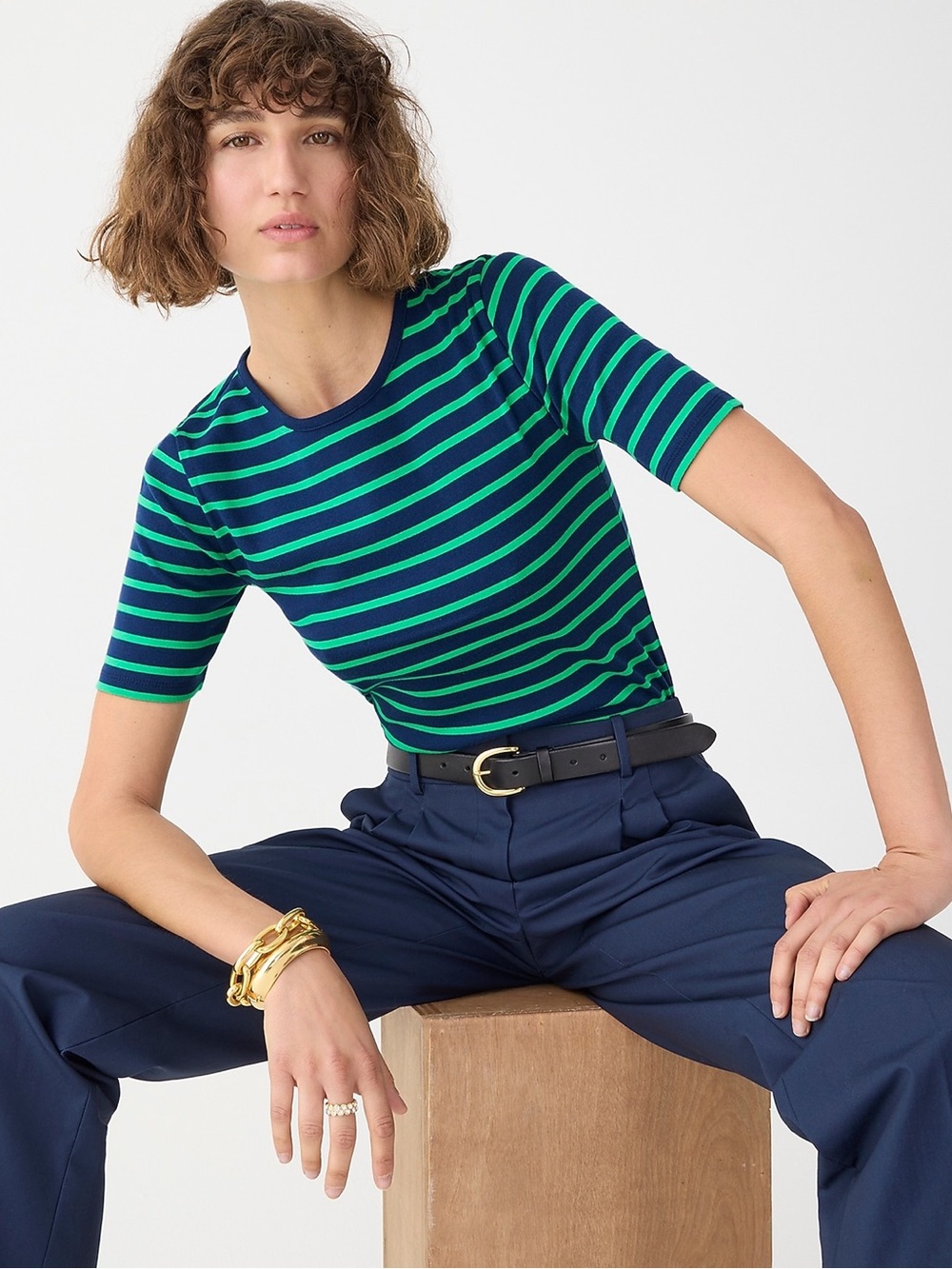 J. Crew Perfect-Fit Elbow-Sleeve T-shirt Green Navy Blue Striped Fitted